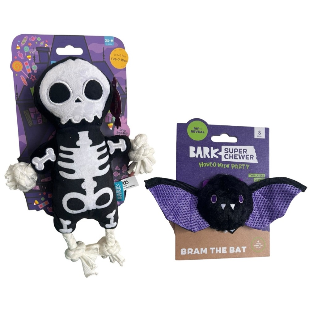 BARK Halloween Plush Bat + Skeleton Squeaky Rope Toys Lot of 2 XS-Medium